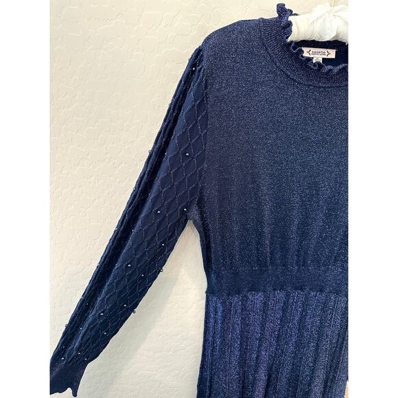 NANETTE LEPORE Navy Metallic Knit Dress Long Sleeve Pearl Party Cocktail NWT XL - Picture 4 of 9